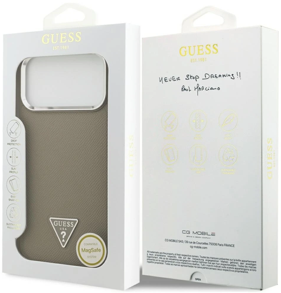 „Guess“ grūdėto trikampio logotipo „MagSafe“ dėklas, skirtas „iPhone 17 Pro Max“ – ruda