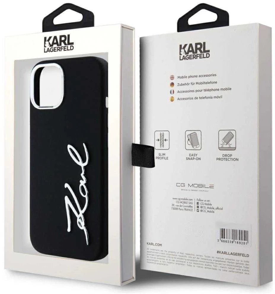 Dėklas Karl Lagerfeld Silicone Metal Script Logo iPhone 15 Case - Juodas
