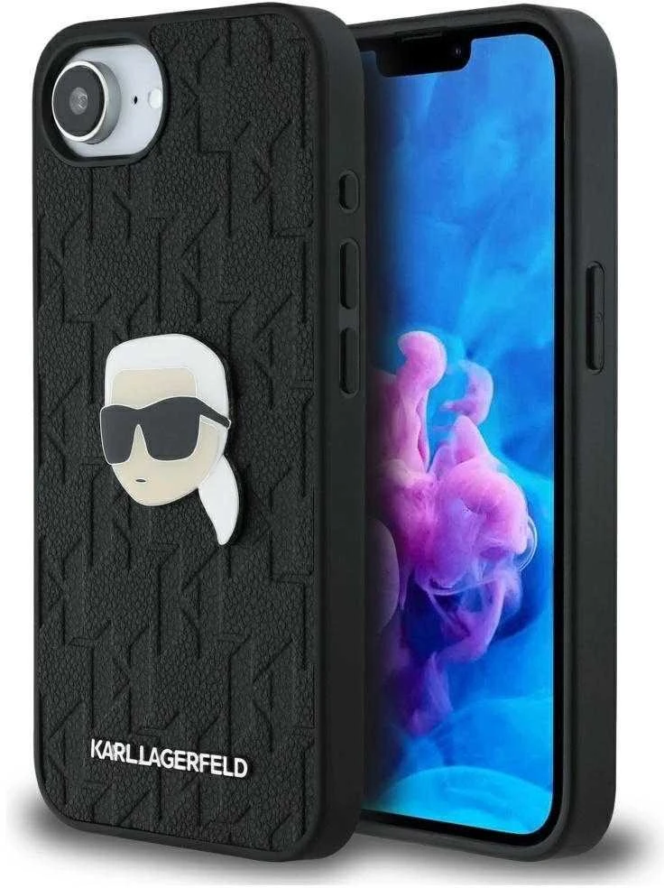 Dėklas Karl Lagerfeld Monogram Karl Head Pin iPhone 16e Case - Juodas