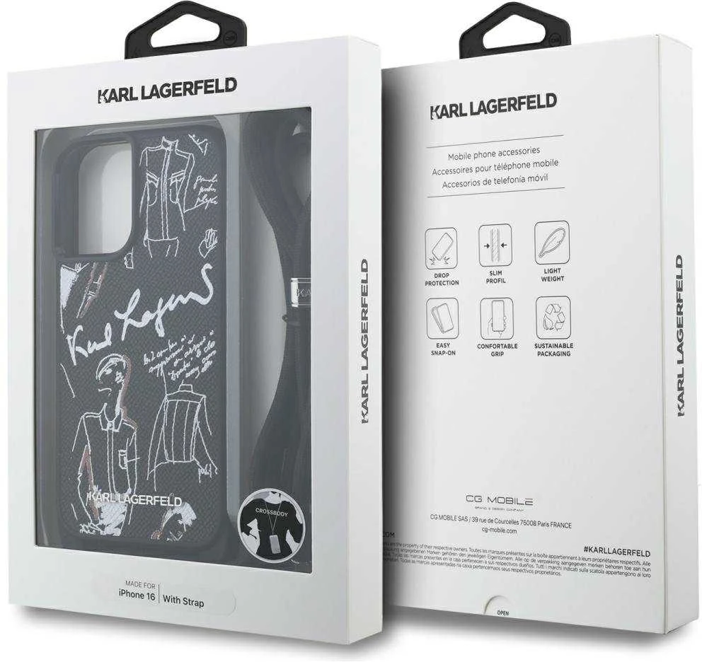 Karl Lagerfeld dėklas, skirtas IPHONE 16 KLHCP16SPGGRMPCK, suderinamas su „MagSafe“ (CRSSBY grūdėtas PU su raštu ir logotipu), juodas