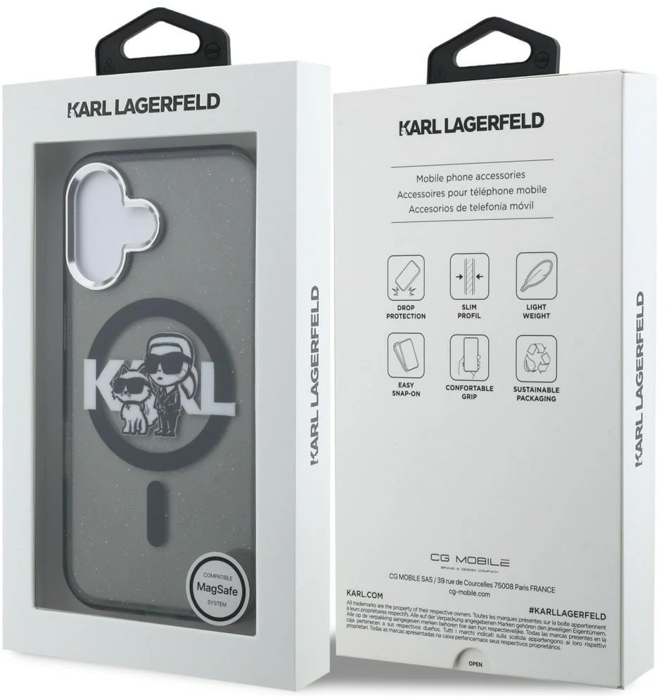 Karl Lagerfeld IML Glitter Karl and Choupette Sketch MagSafe dėklas Apple iPhone 16 juodos spalvos