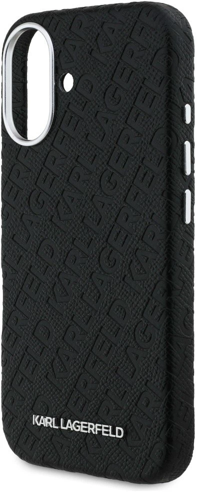 Karl Lagerfeld Grained PU Repeated Logo MagSafe dėklas skirtas Apple iPhone 16 juodos spalvos