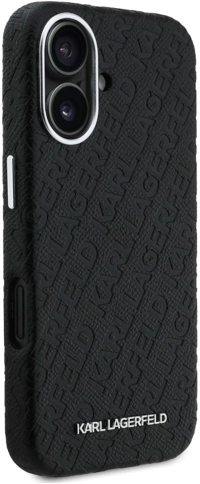 Karl Lagerfeld Grained PU Repeated Logo MagSafe dėklas skirtas Apple iPhone 16 juodos spalvos