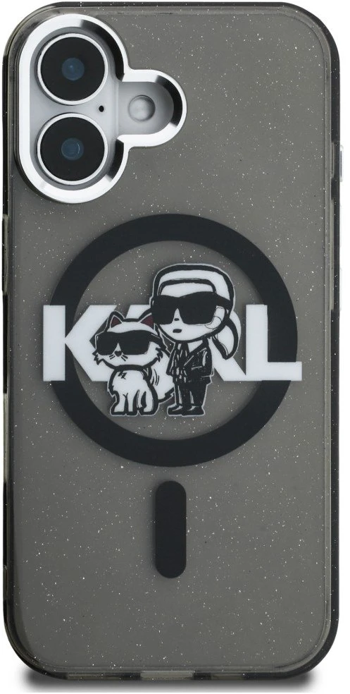 Karl Lagerfeld IML Glitter Karl and Choupette Sketch MagSafe dėklas Apple iPhone 16 juodos spalvos