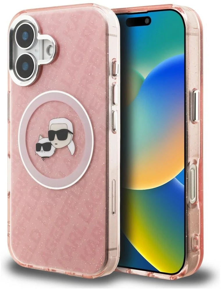 Karl Lagerfeld IML K&CH Heads Repeated Logo MagSafe dėklas Apple iPhone 16 rožinės spalvos