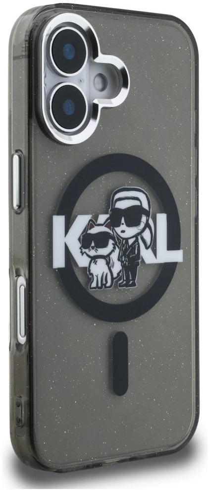 Karl Lagerfeld IML Glitter Karl and Choupette Sketch MagSafe dėklas Apple iPhone 16 juodos spalvos