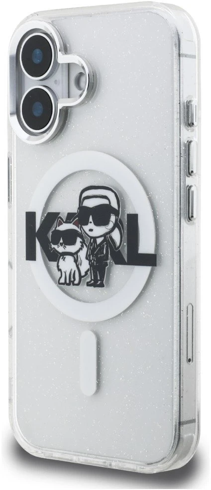 Karl Lagerfeld IML Glitter Karl and Choupette Sketch MagSafe dėklas iPhone 16 skaidrus