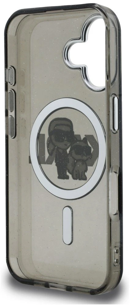 Karl Lagerfeld IML Glitter Karl and Choupette Sketch MagSafe dėklas Apple iPhone 16 juodos spalvos