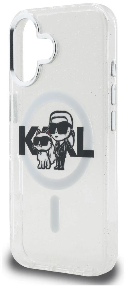 Karl Lagerfeld IML Glitter Karl and Choupette Sketch MagSafe dėklas iPhone 16 skaidrus