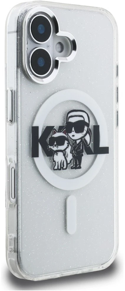 Karl Lagerfeld IML Glitter Karl and Choupette Sketch MagSafe dėklas iPhone 16 skaidrus