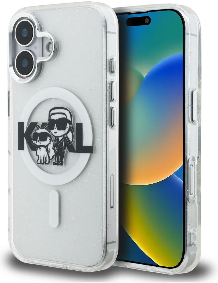 Karl Lagerfeld IML Glitter Karl and Choupette Sketch MagSafe dėklas iPhone 16 skaidrus