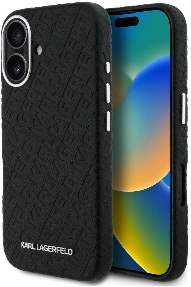 Karl Lagerfeld Grained PU Repeated Logo MagSafe dėklas skirtas Apple iPhone 16 juodos spalvos