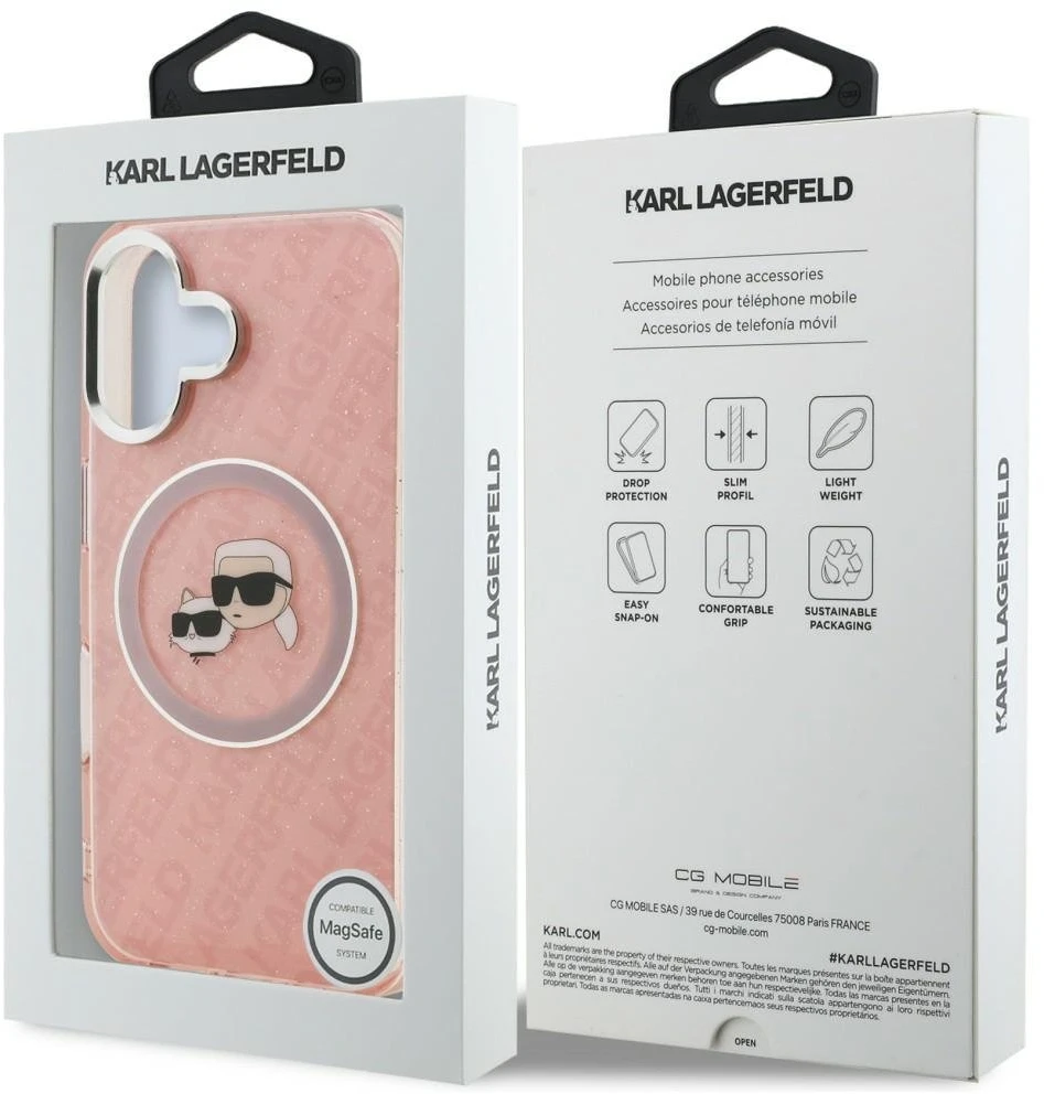 Karl Lagerfeld IML K&CH Heads Repeated Logo MagSafe dėklas Apple iPhone 16 rožinės spalvos
