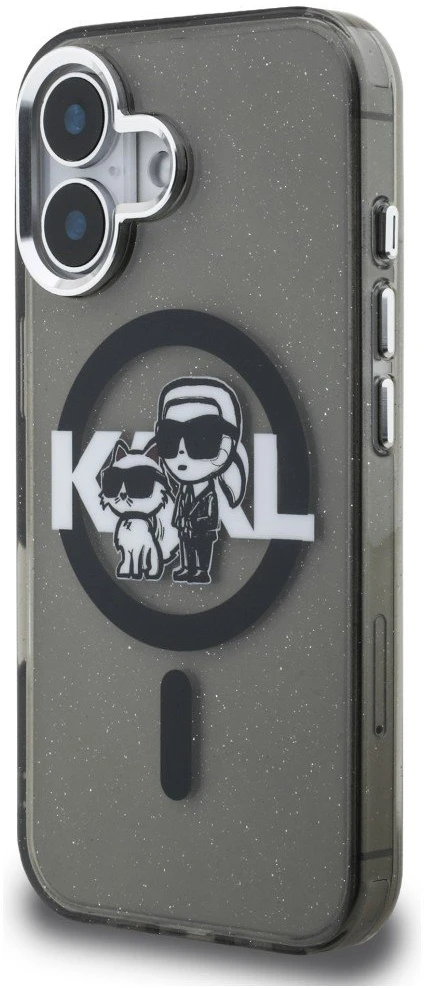 Karl Lagerfeld IML Glitter Karl and Choupette Sketch MagSafe dėklas Apple iPhone 16 juodos spalvos