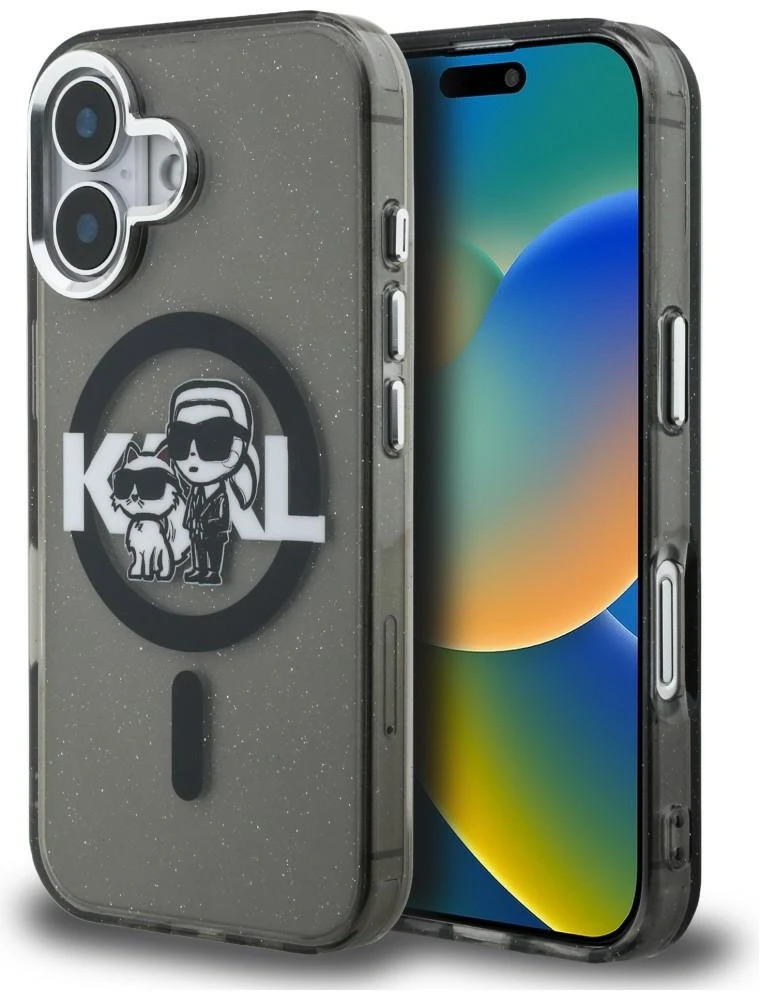 Karl Lagerfeld IML Glitter Karl and Choupette Sketch MagSafe dėklas Apple iPhone 16 juodos spalvos