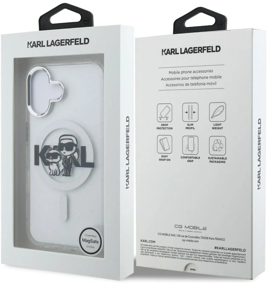 Karl Lagerfeld IML Glitter Karl and Choupette Sketch MagSafe dėklas iPhone 16 skaidrus