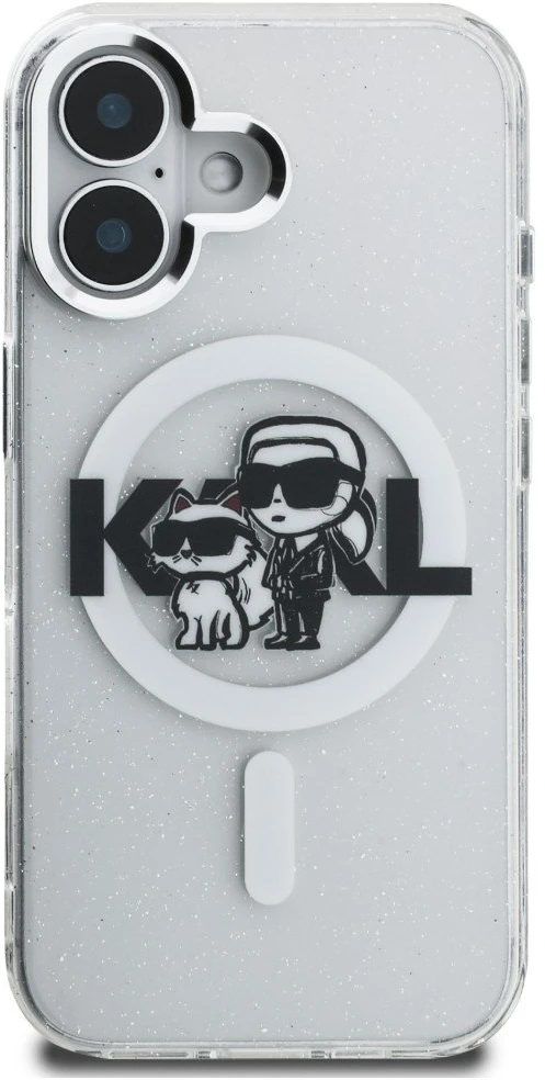 Karl Lagerfeld IML Glitter Karl and Choupette Sketch MagSafe dėklas iPhone 16 skaidrus