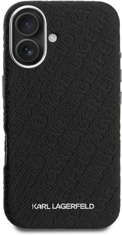 Karl Lagerfeld Grained PU Repeated Logo MagSafe dėklas skirtas Apple iPhone 16 juodos spalvos