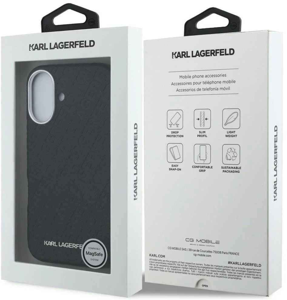 Karl Lagerfeld Grained PU Repeated Logo MagSafe dėklas skirtas Apple iPhone 16 juodos spalvos