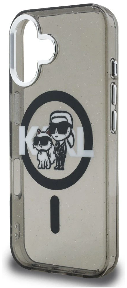 Karl Lagerfeld IML Glitter Karl and Choupette Sketch MagSafe dėklas Apple iPhone 16 juodos spalvos