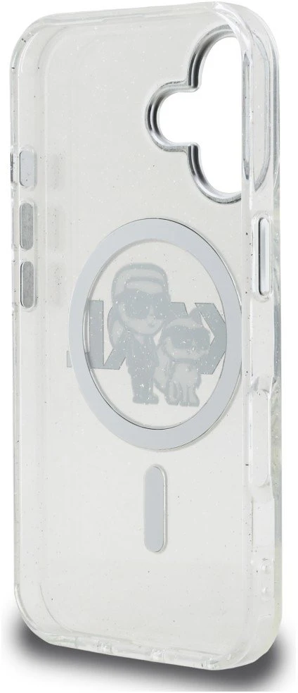 Karl Lagerfeld IML Glitter Karl and Choupette Sketch MagSafe dėklas iPhone 16 skaidrus