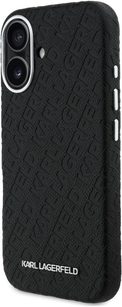 Karl Lagerfeld Grained PU Repeated Logo MagSafe dėklas skirtas Apple iPhone 16 juodos spalvos