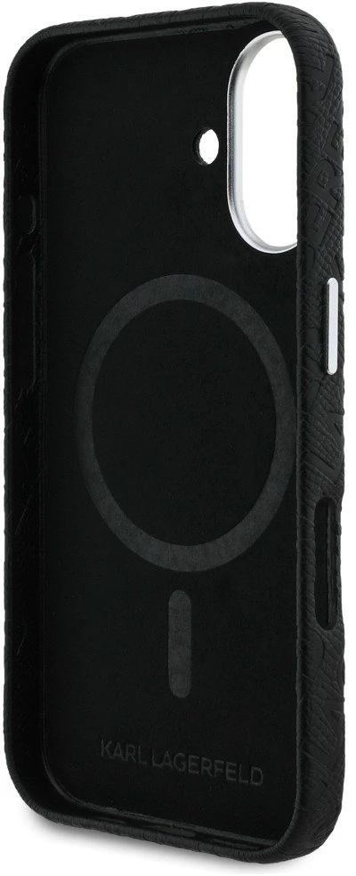 Karl Lagerfeld Grained PU Repeated Logo MagSafe dėklas skirtas Apple iPhone 16 juodos spalvos