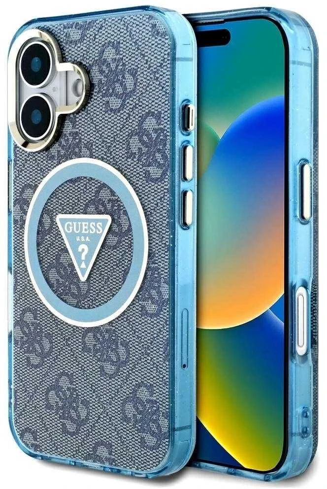 Guess IML Metal Glitter 4G Circle Triangle MagSafe dėklas, skirtas iPhone 16 - Mėlyna