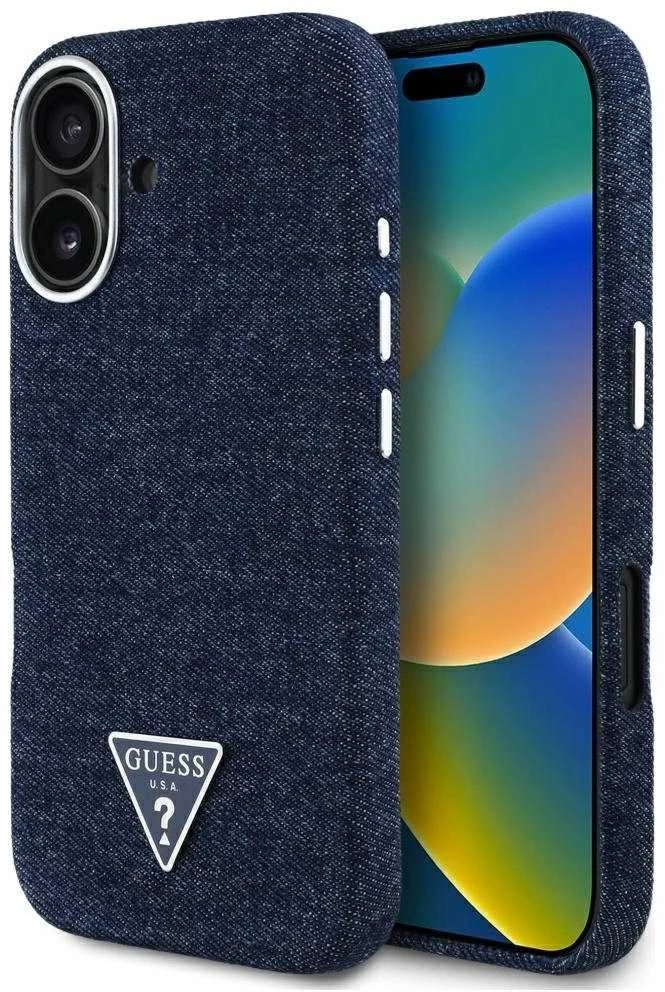 Guess Denim Triangle Logo MagSafe iPhone 16 Dėklas - Mėlyna