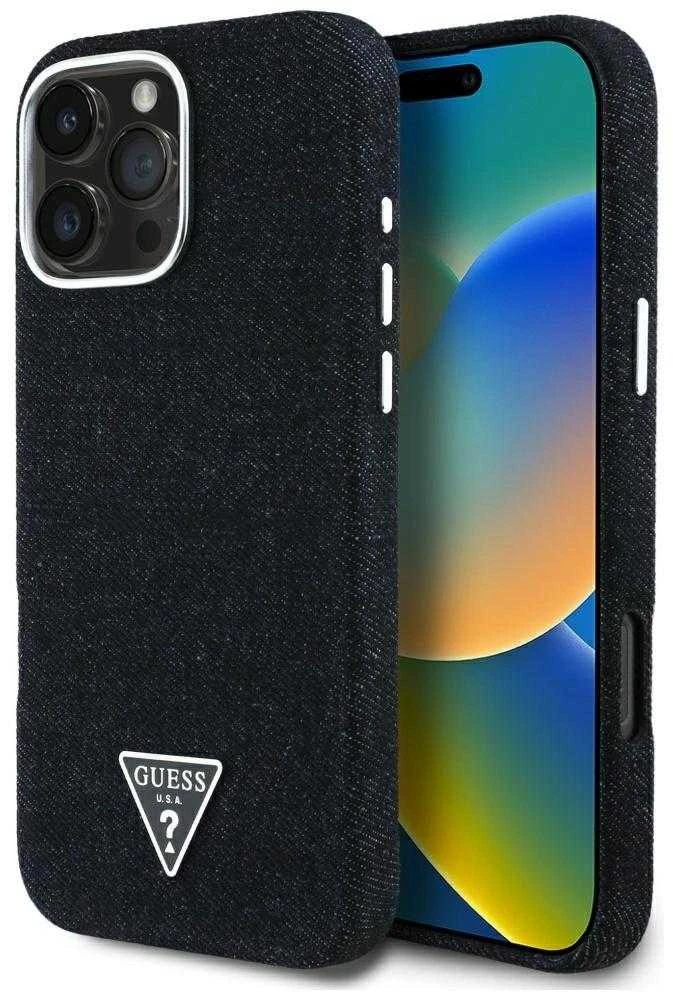 Dėklas Guess Denim Triangle Logo MagSafe Apple iPhone 16 Pro juodos spalvos