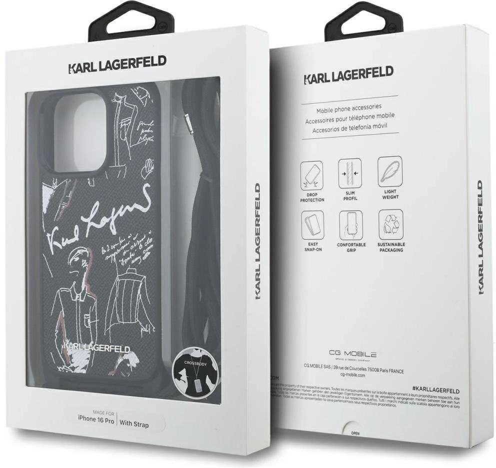 Karl Lagerfeld dėklas, skirtas IPHONE 16 PRO KLHCP16LPGGRMPCK, suderinamas su „MagSafe“ (CRSSBY grūdėtas PU su raštu ir logotipu), juodas