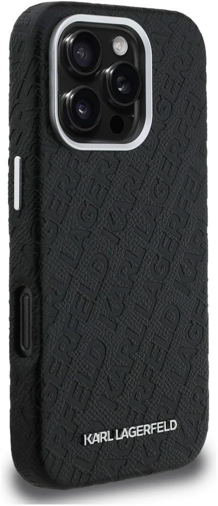 Karl Lagerfeld Grained PU Repeated Logo MagSafe dėklas skirtas Apple iPhone 16 Pro juodos spalvos