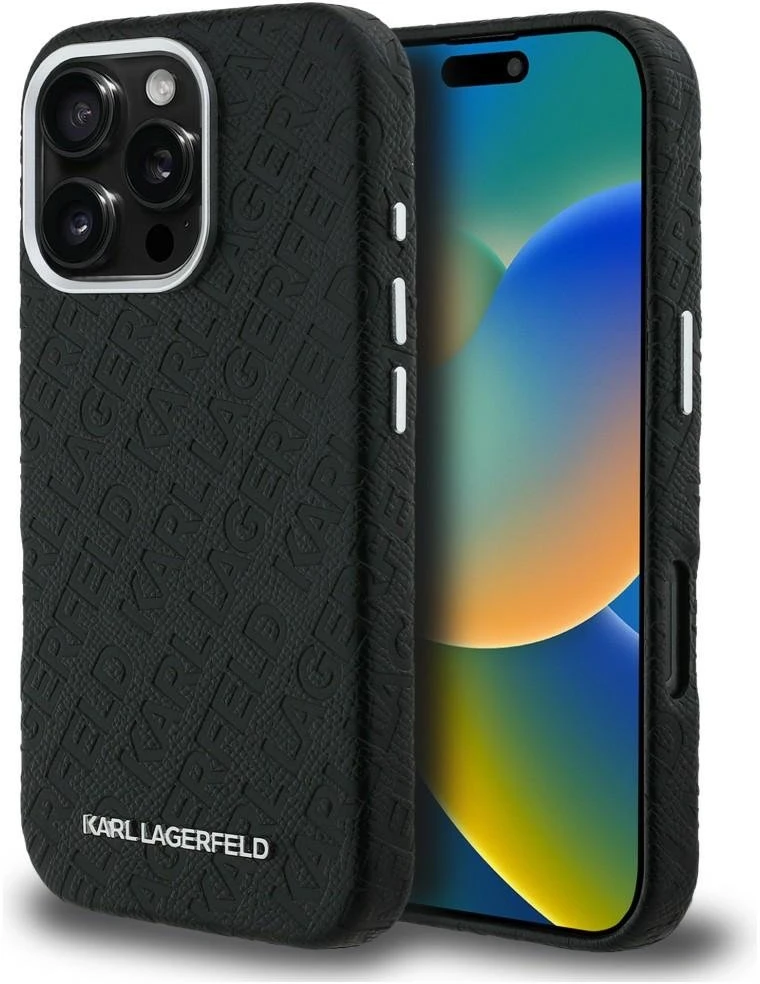 Karl Lagerfeld Grained PU Repeated Logo MagSafe dėklas skirtas Apple iPhone 16 Pro juodos spalvos