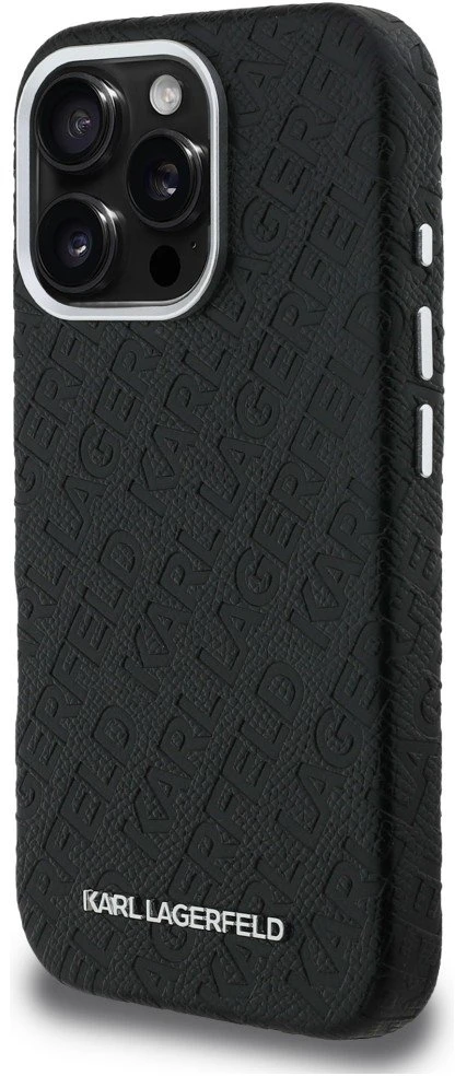 Karl Lagerfeld Grained PU Repeated Logo MagSafe dėklas skirtas Apple iPhone 16 Pro juodos spalvos