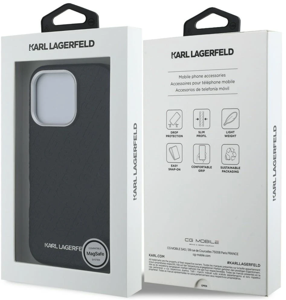 Karl Lagerfeld Grained PU Repeated Logo MagSafe dėklas skirtas Apple iPhone 16 Pro juodos spalvos