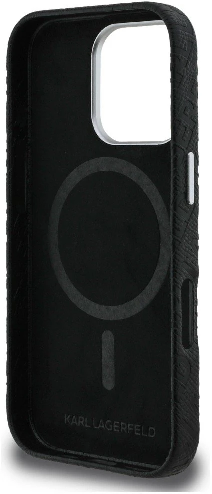 Karl Lagerfeld Grained PU Repeated Logo MagSafe dėklas skirtas Apple iPhone 16 Pro juodos spalvos