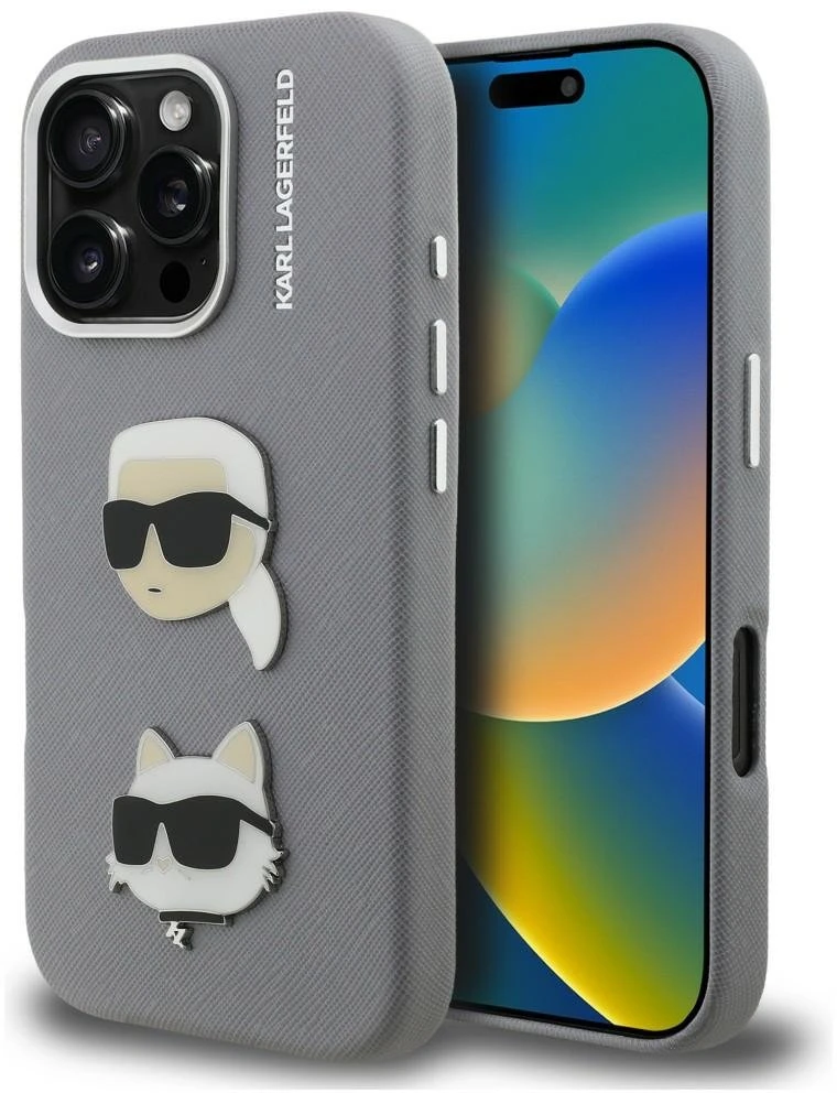 Karl Lagerfeld Grained PU K&CH Heads dėklas skirtas Apple iPhone 16 Pro pilkos spalvos