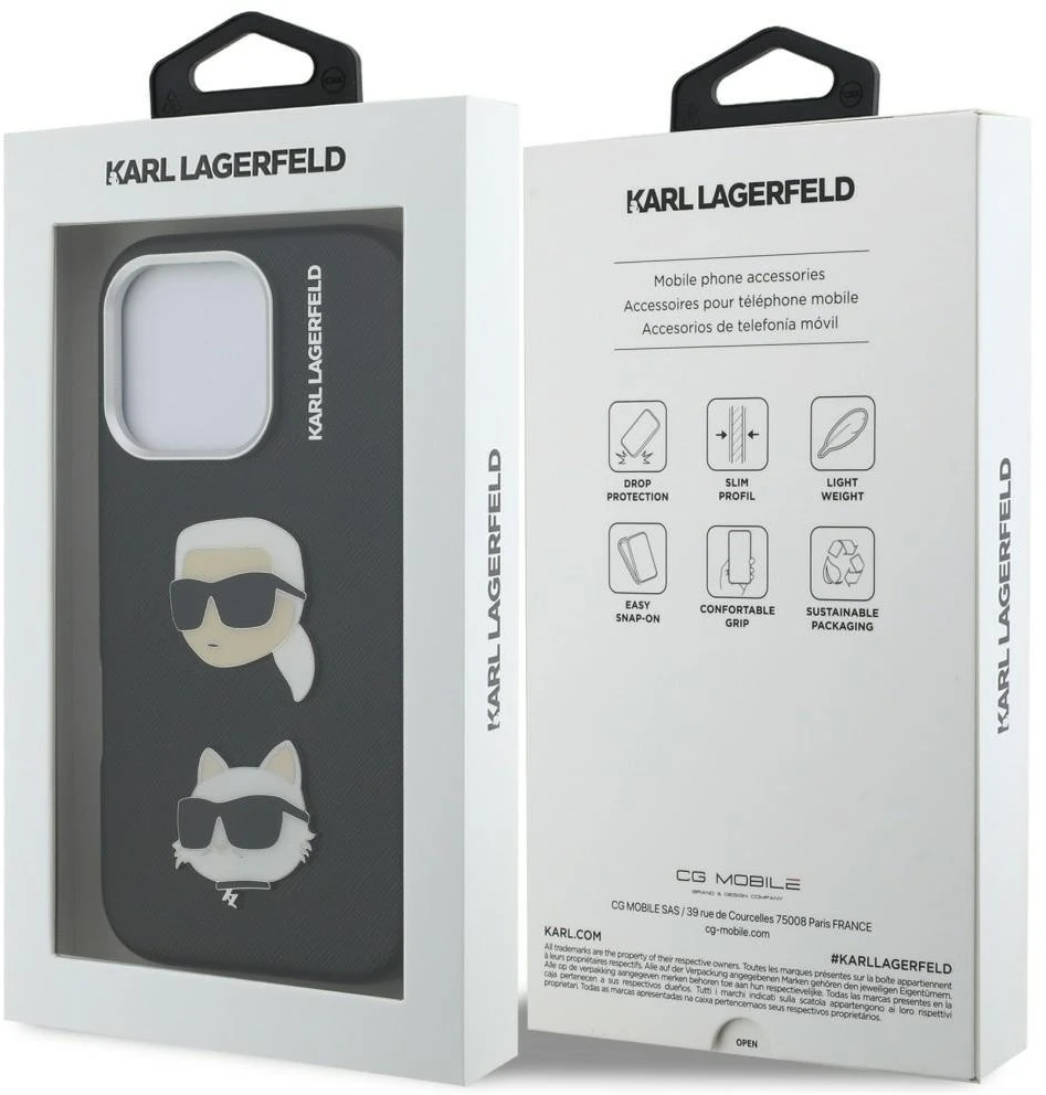 Karl Lagerfeld Grained PU K&CH Heads dėklas skirtas Apple iPhone 16 Pro juodos spalvos