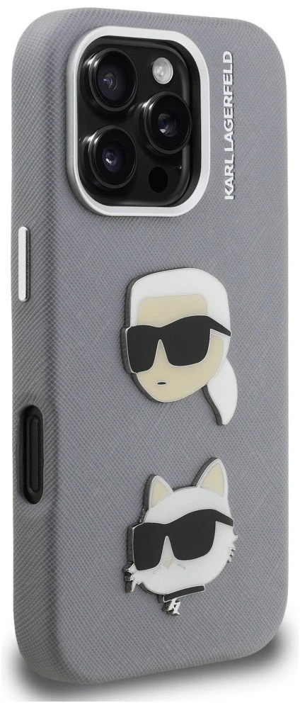 Karl Lagerfeld Grained PU K&CH Heads dėklas skirtas Apple iPhone 16 Pro pilkos spalvos