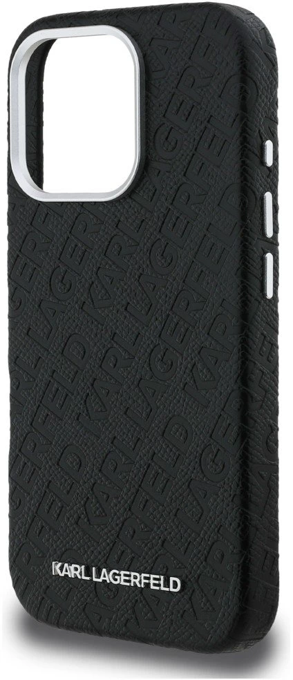 Karl Lagerfeld Grained PU Repeated Logo MagSafe dėklas skirtas Apple iPhone 16 Pro juodos spalvos