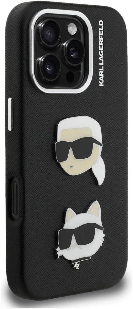 Karl Lagerfeld Grained PU K&CH Heads dėklas skirtas Apple iPhone 16 Pro juodos spalvos