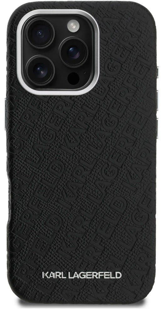 Karl Lagerfeld Grained PU Repeated Logo MagSafe dėklas skirtas Apple iPhone 16 Pro juodos spalvos