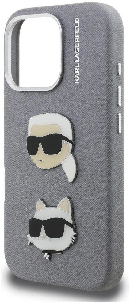 Karl Lagerfeld Grained PU K&CH Heads dėklas skirtas Apple iPhone 16 Pro Max pilkos spalvos
