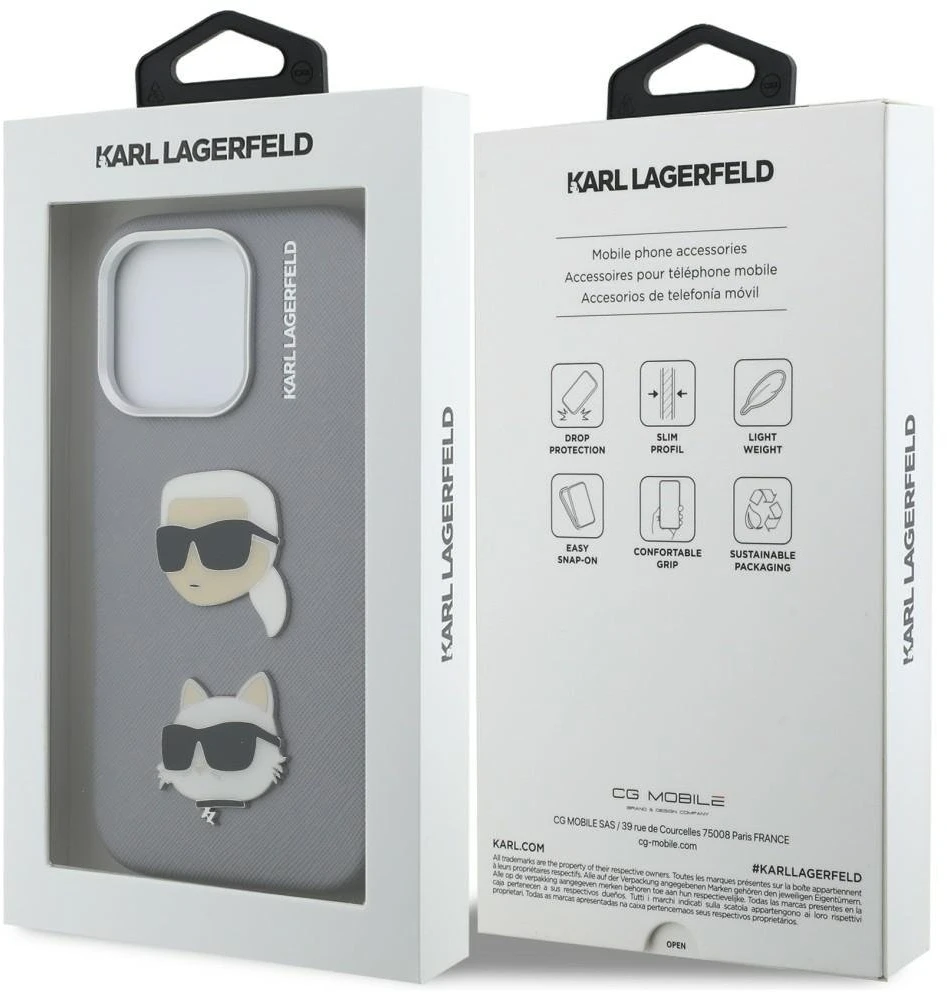 Karl Lagerfeld Grained PU K&CH Heads dėklas skirtas Apple iPhone 16 Pro Max pilkos spalvos