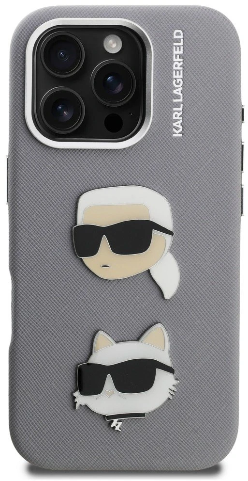 Karl Lagerfeld Grained PU K&CH Heads dėklas skirtas Apple iPhone 16 Pro Max pilkos spalvos