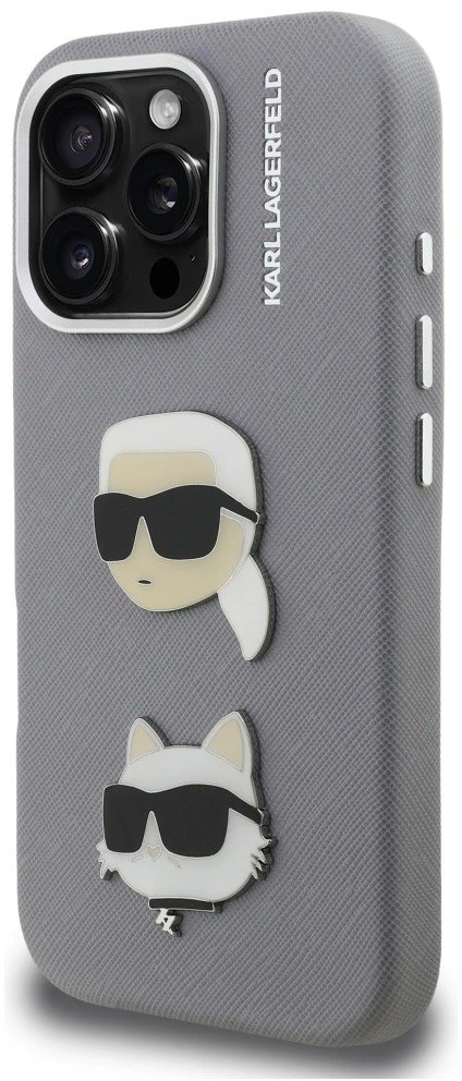 Karl Lagerfeld Grained PU K&CH Heads dėklas skirtas Apple iPhone 16 Pro Max pilkos spalvos