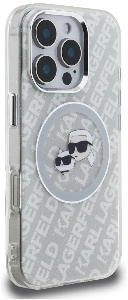„Karl Lagerfeld IML“ blizgučiais ir „Karl & Choupette Heads“ logotipu aprūpintas „MagSafe“ dėklas, skirtas „iPhone 16 Pro Max“ – pilkas