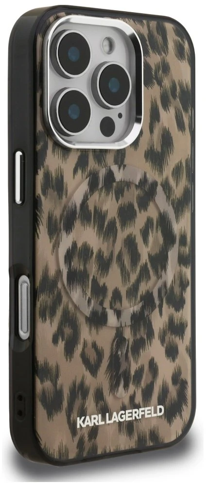 Karl Lagerfeld IML Leopard MagSafe dėklas Apple iPhone 16 Pro Max rudos spalvos