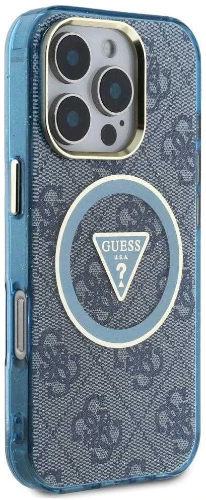 Guess IML Metal Glitter 4G Circle Triangle MagSafe dėklas, skirtas iPhone 16 Pro Max - Mėlyna