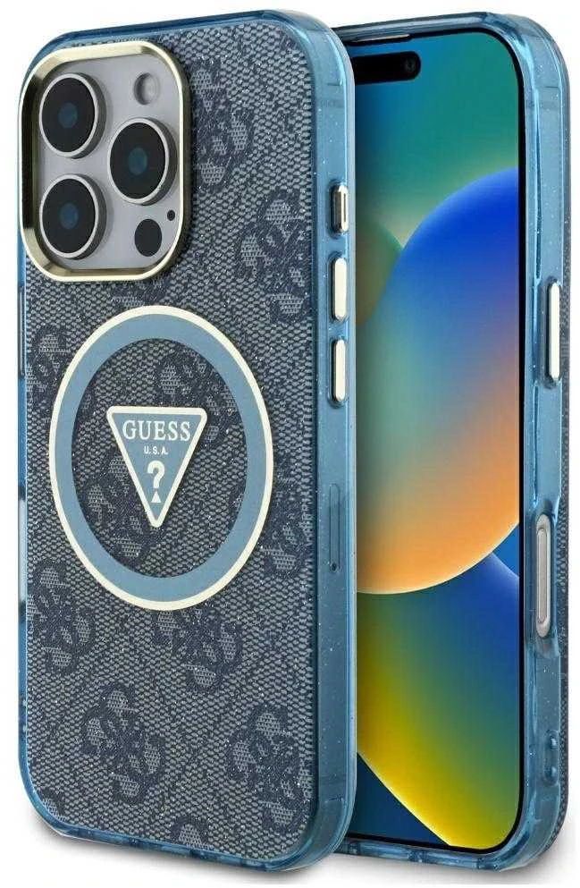 Guess IML Metal Glitter 4G Circle Triangle MagSafe dėklas, skirtas iPhone 16 Pro Max - Mėlyna